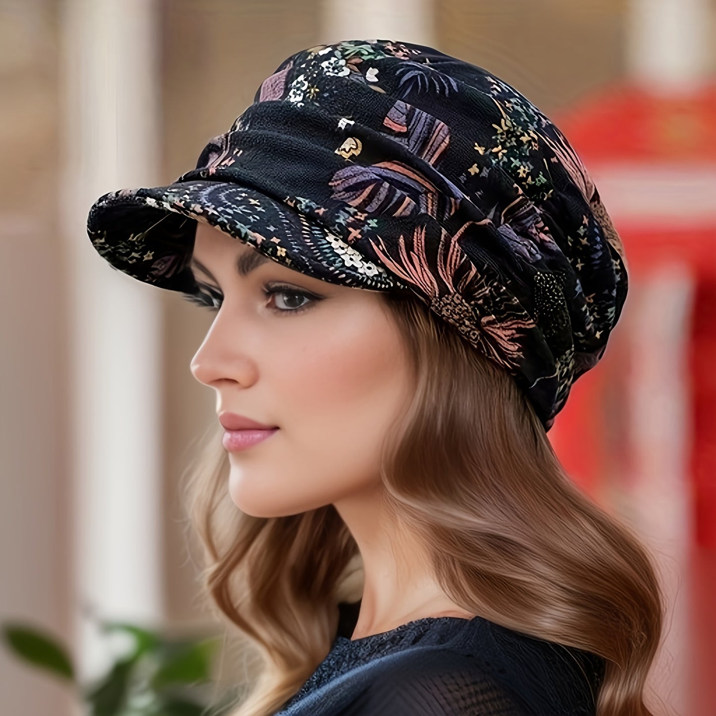 Women'S Lightweight Newsboy Cap With Breathable Fabric, Floral Print, Durable Polyester Blend, Daily Wear