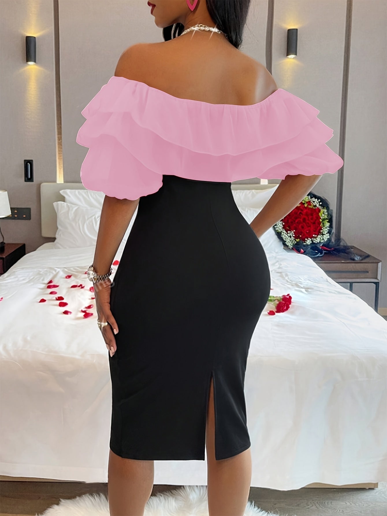 Women's Elegant Off-the-Shoulder Stretch Bodycon Dress with High Slit & Layered Ruffles - Solid Black, Machine Washable, All-Season Versatile for Casual to Formal Occasions, Evening Wear, Feminine Chic Style, Sleek Silhouette