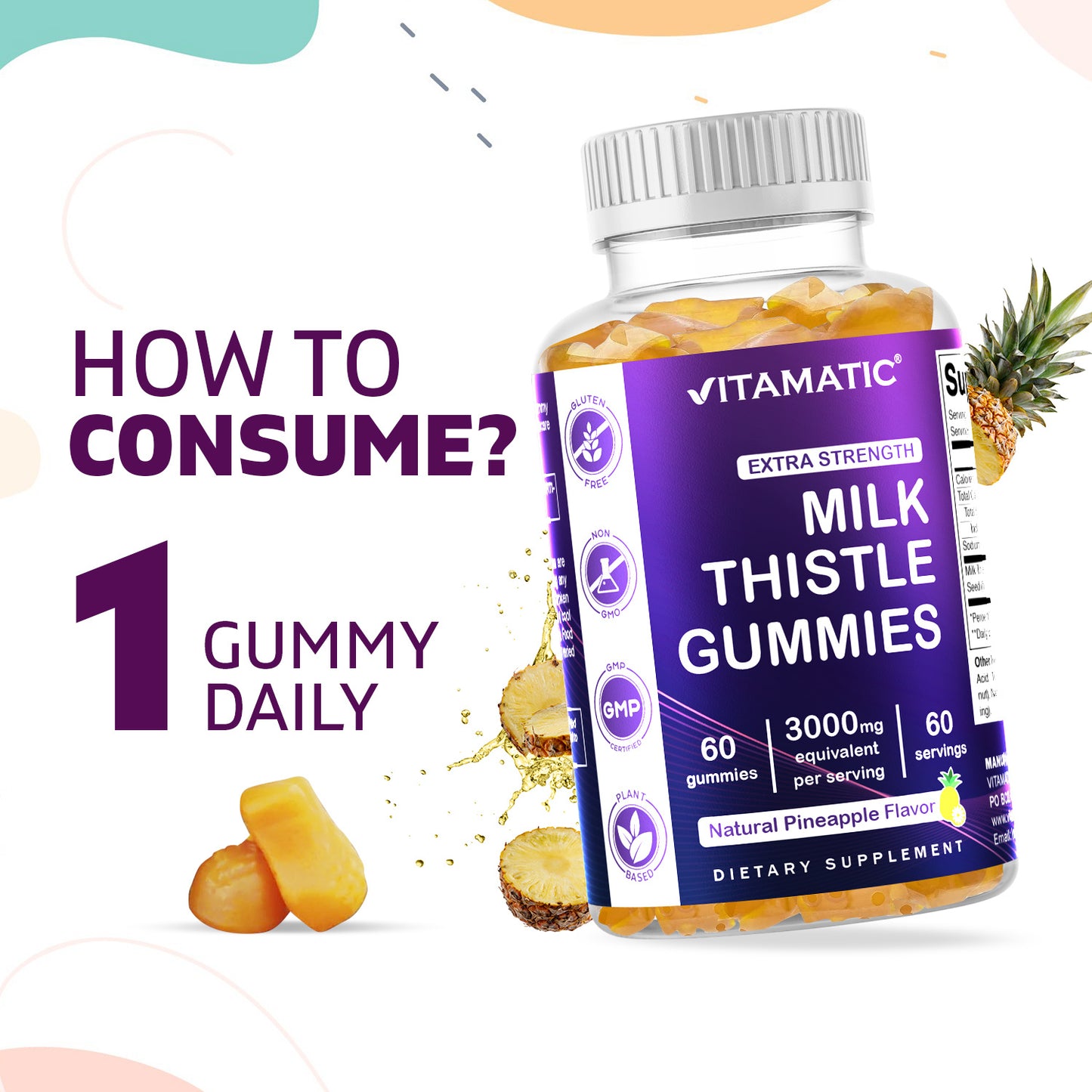 Vitamatic Milk Thistle Gummies - 3000 mg Equivalent - Min. 80% Silymarin Flavonoids - 60 Pectin Based Gummie