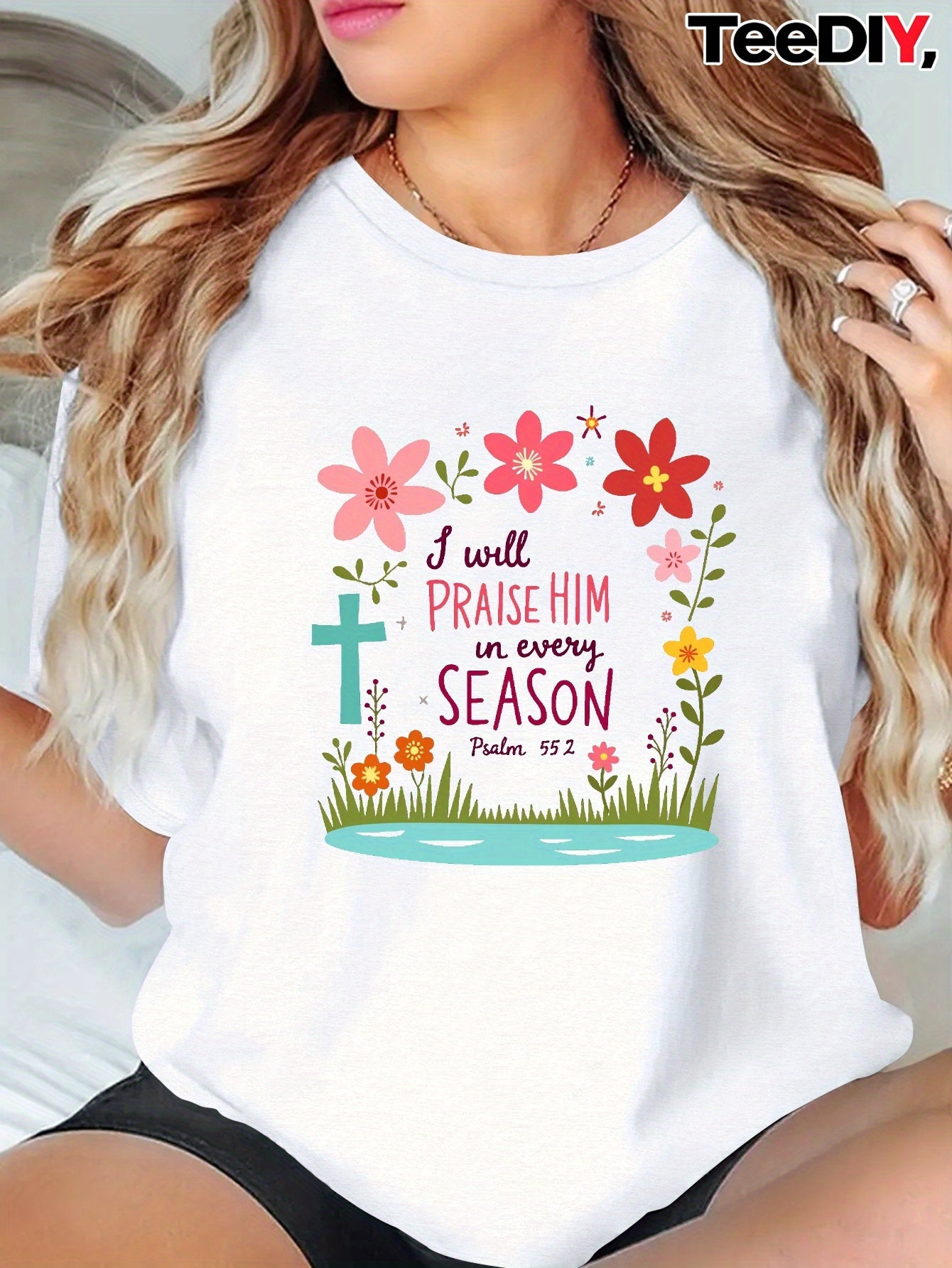 Women's Large Christian Faith Apparel T-Shirt - Praise Him Every Season Psalm Quote (Psalm 148:6) Religious Tee - Dark Background with Red Floral Cross Design - Breathable Casual Church Outfit - Machine Washable All-Season Sp