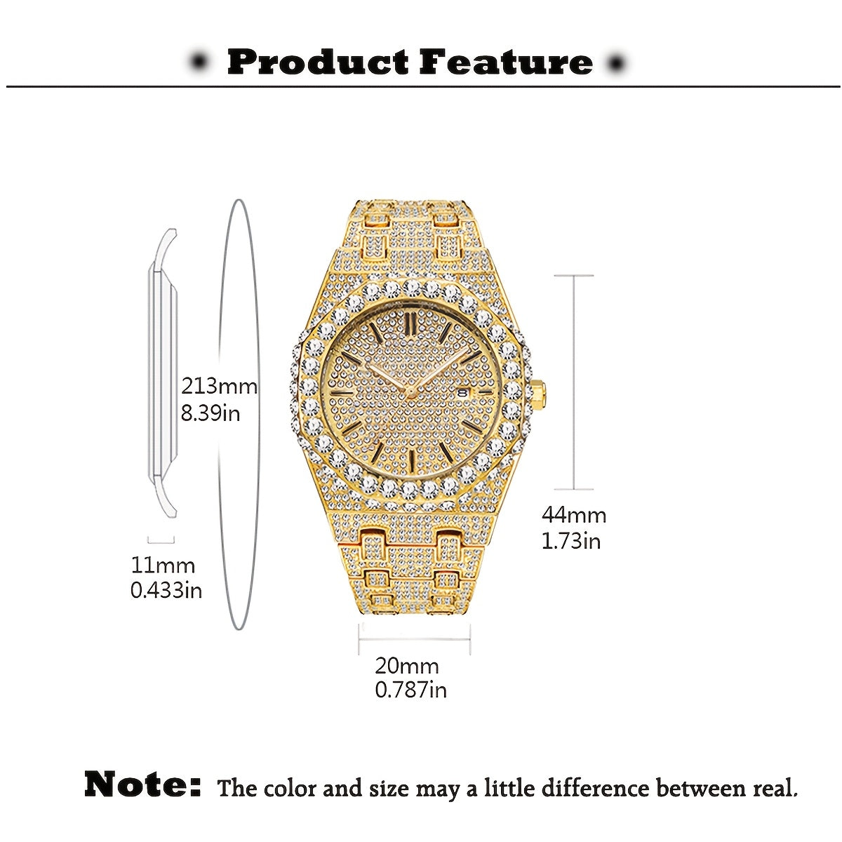 Hip Hop Ice Rhinestone Watch Men'S Fashion Date Quartz Large Dial Night Light Watch Luxury Stainless Steel Party Jewelry Men'S Watch