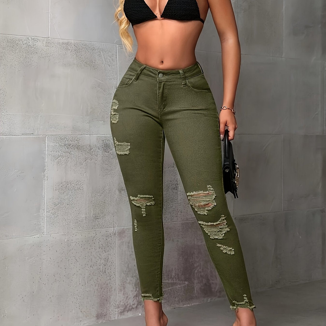 Military Green High-waisted Ripped Frit Skinny Jeans, Slim And to Instantly Transform Into Long Legs, Fashionable And Versatile Casual Skinny Jeans, Women's Skinny Jeans
