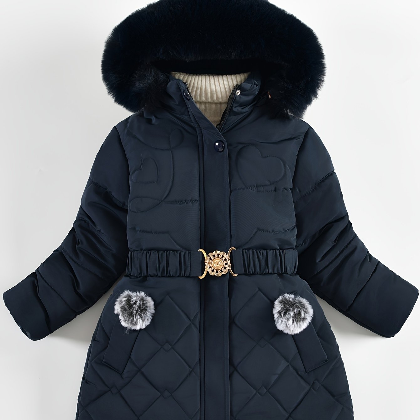 Stylish Girls' Winter Coat with Faux Fur Hood, Heart-Shaped Diamond Pattern, Warm Mid-Length Parka with Belt - Beige, Polyester, Fall/Winter Outerwear for Girls, Girls Winter Clothes
