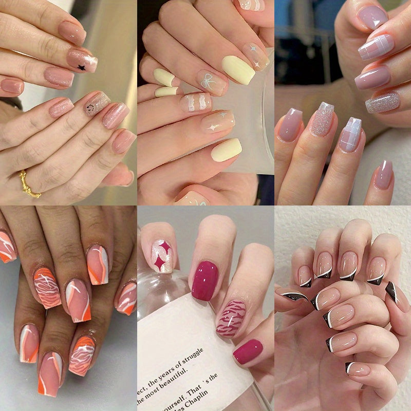 144pcs/6pcs Glitter Press On Nails - Square Medium Length False Nails with Geometric Stripes, Pale Pink & Orange Glossy Acrylic Full Cover Fake Nails with Glue for Women, Spring Summer Nail Art