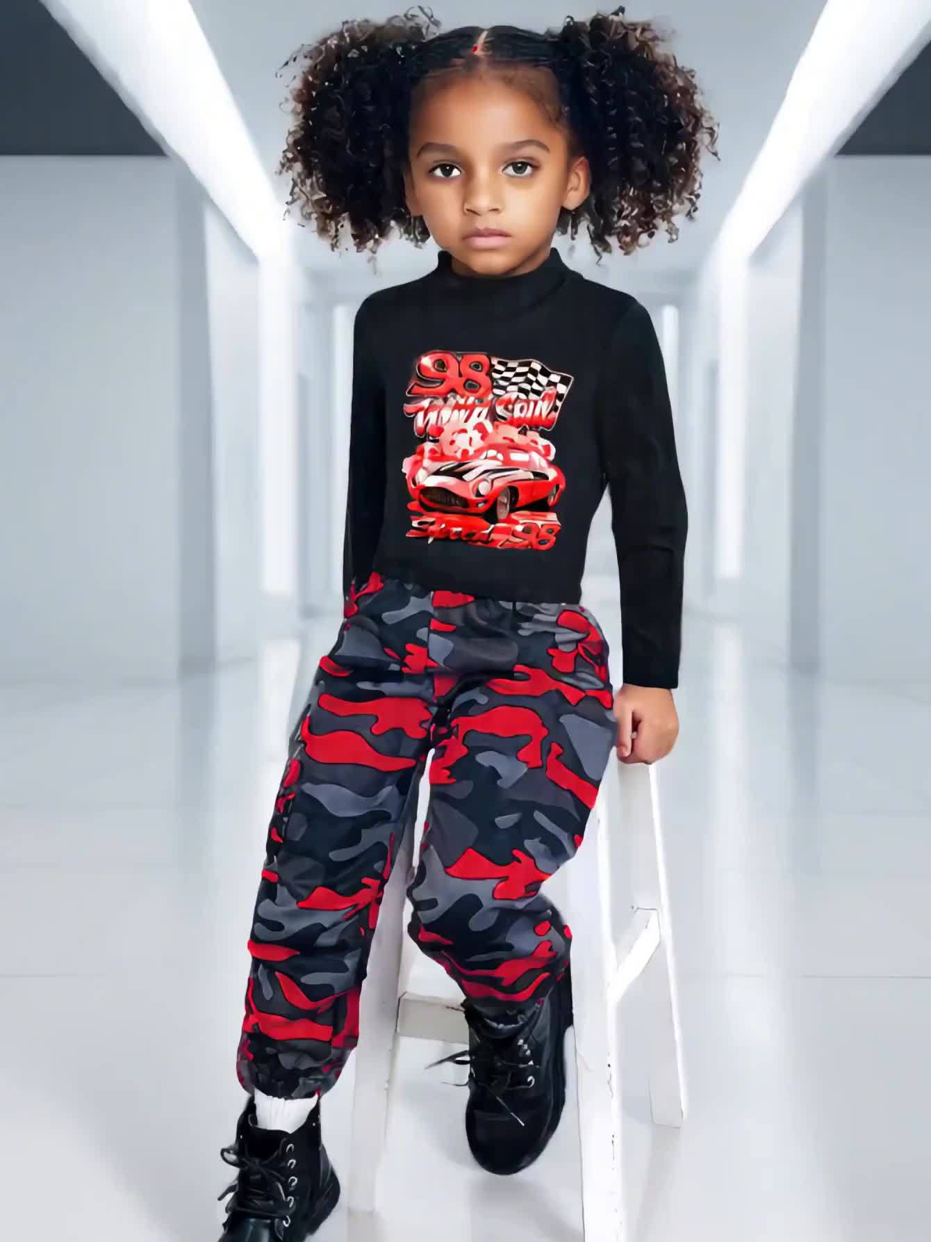 Girls 2pcs Set: Black Small High Collar Long Sleeve Pattern T-shirt + Camouflage Work Bag Jogging Pants, Suitable for Autumn, Suitable for 3 Years Old and Above, for Outdoor