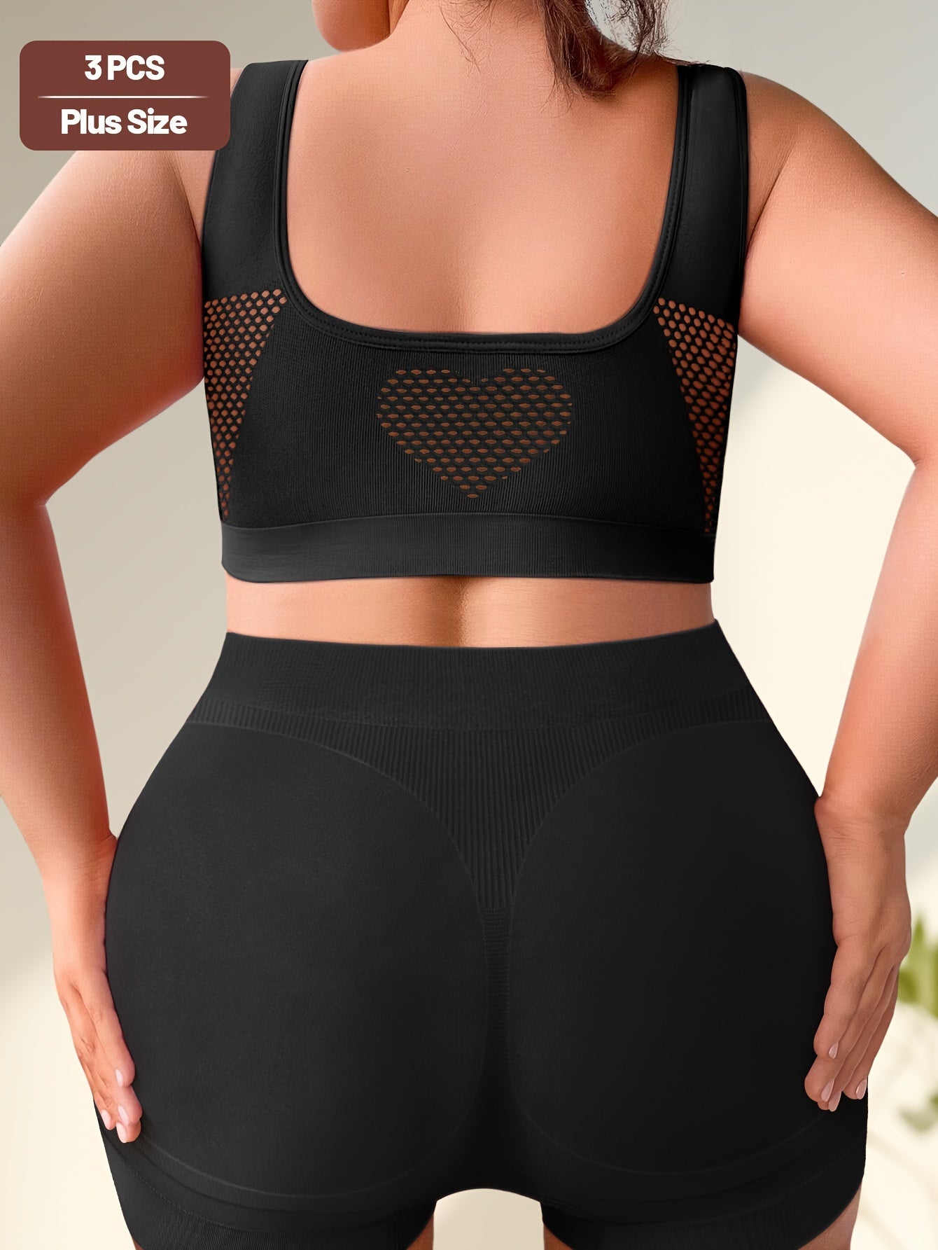 3 Sets Plus Size Simple Underwear Set, Women'S Solid Hollow Out Seamless Tank Bra & Boyshorts Underwear Set