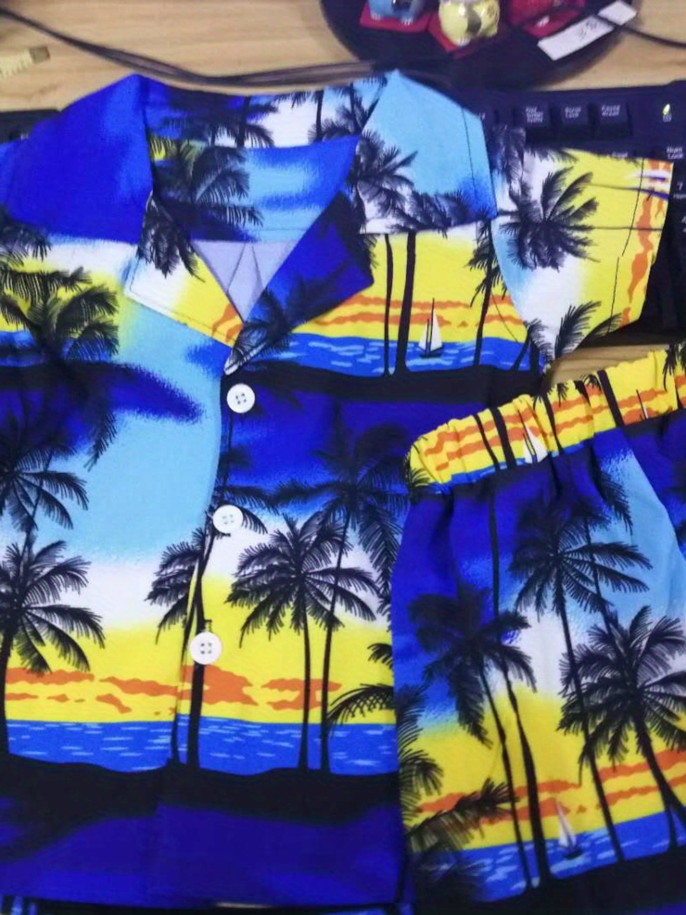 Toddler Baby Boys 2pcs SummerOutfits Tree Print Button Shirt Short Sleeve Tops + Elastic Waist Short Pants Set Vocation Holiday Beach Clothes, for Outdoor