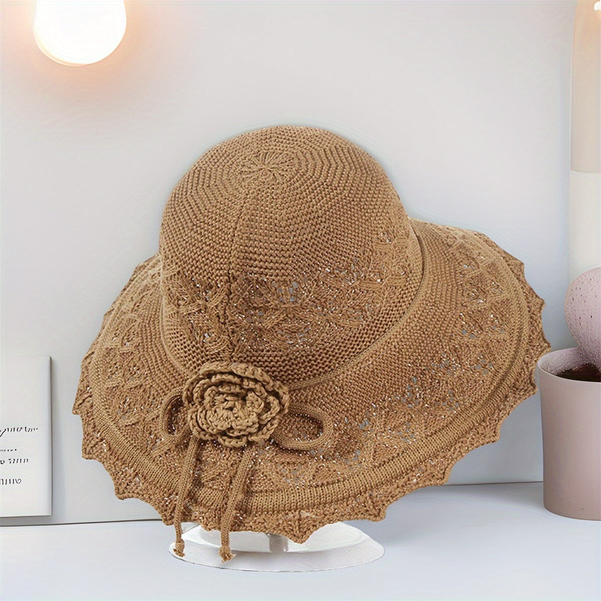 MONYPLAY Women's Summer Crochet Straw-Style Acrylic Sun Hat - Wide Brim Lightweight Floppy Beach Hat with Floral Embellishments, Machine Washable for Outdoor, Garden & Picnic