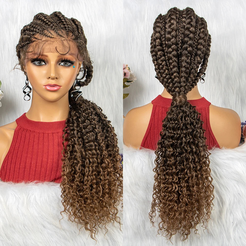 Lace Frontal Synthetic Braided Wigs Lace Front Braided Ponytail Wig Natural Knotless with Baby Hair for Black Women Daily Use