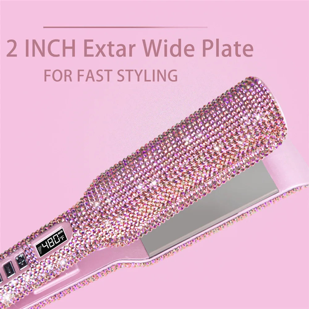 Rhinestone Flat Iron For a Perm Titanium Straightening Irons LCD Display Floating 2 Inches Wide Plate Hair Straightener Curler