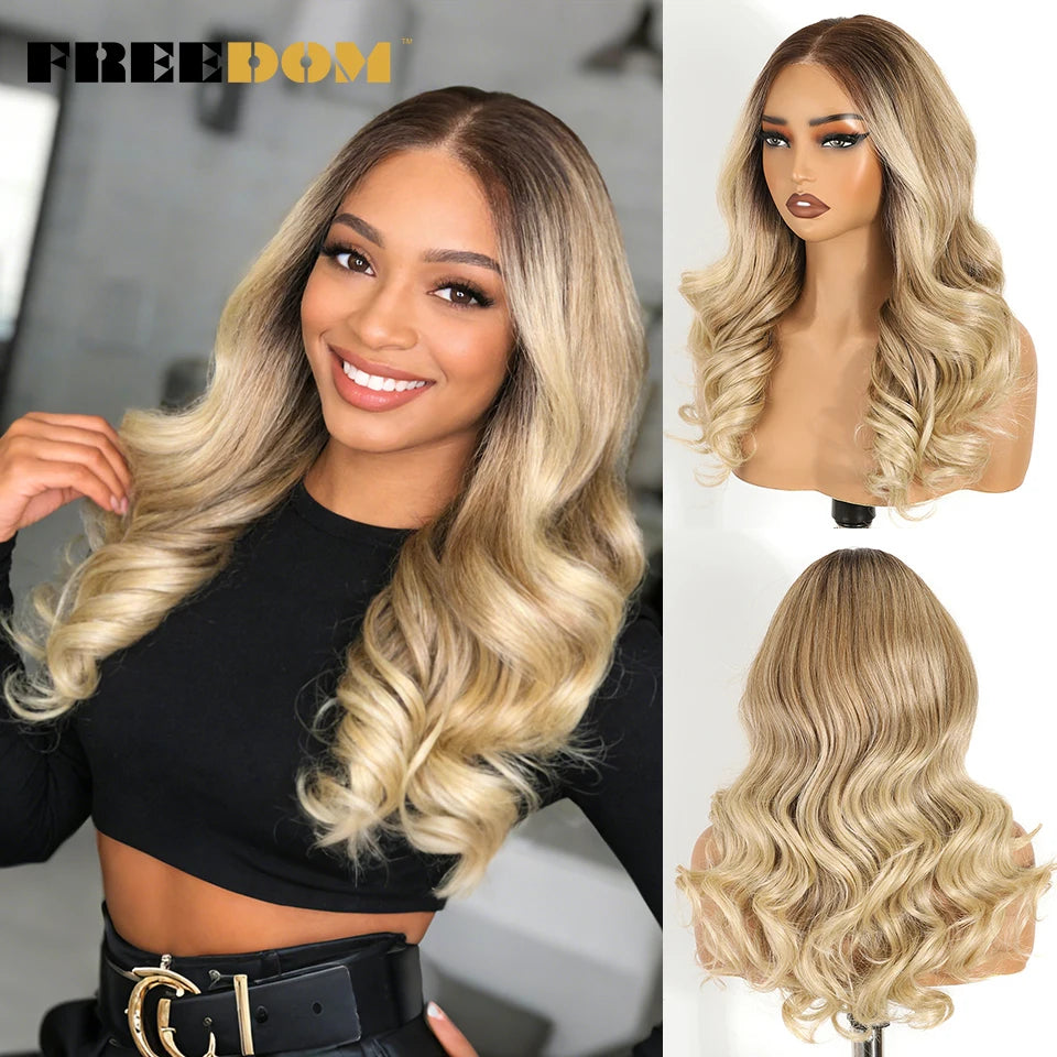FREEDOM Body Wave Synthetic Lace Front Wigs For Women 9x6 Pre Plucked Lace Wig 20 inches Pre-cut Ombre Brown Blonde Cosplay Wigs