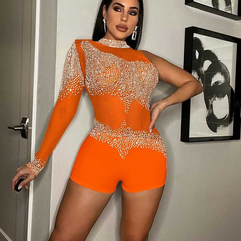 Sparkly Rhinestones Mesh Rompers Womens Jumpsuit Shorts Sexy Birthday Club Outfits One Sleeve Sheer Bodycon Playsuit Woman 2022
