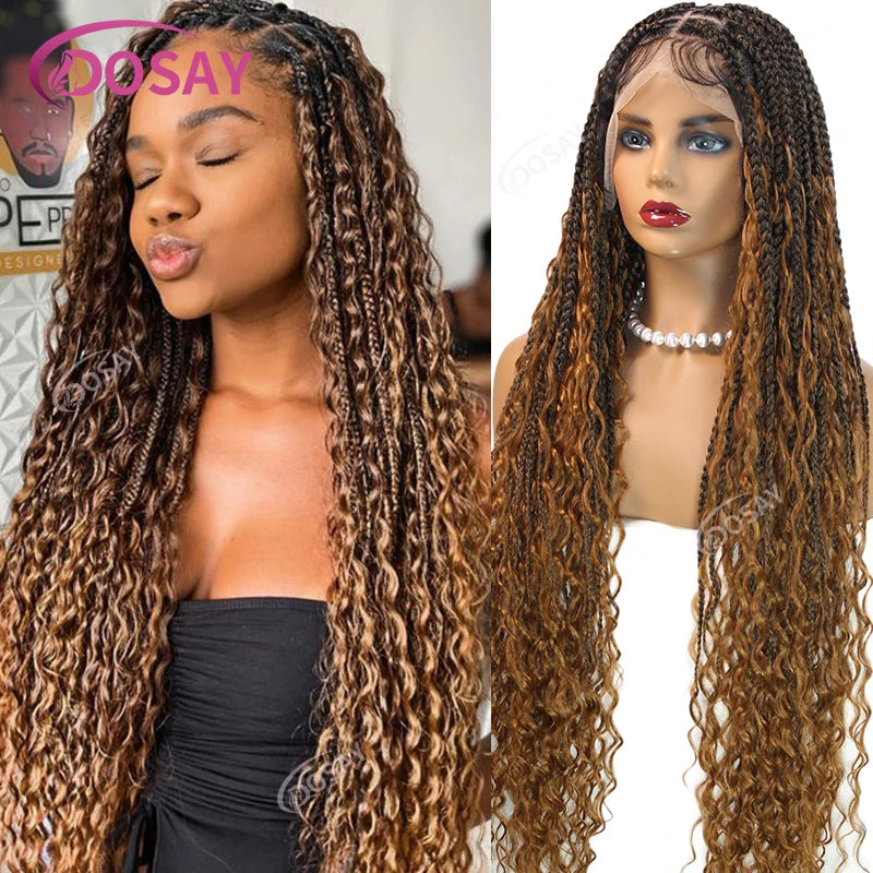 36" Full Lace Boho Braided Wigs Synthetic Knotless Box Braids Wig for Black Women Ombre Blonde Curly Hair Ends Goddess Braid Wig
