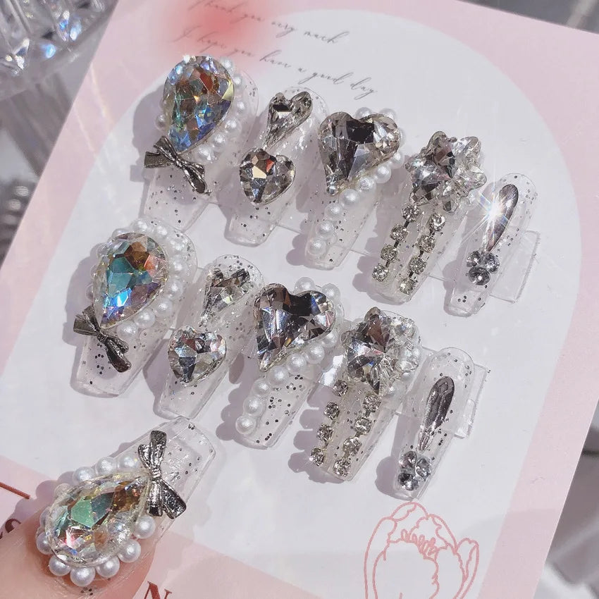 Glitter Fairy Rhinestone False nail Tips for Bride lady Wearable Sweet Crystal Design Press on Nails Mid Length Fake Nail Patch