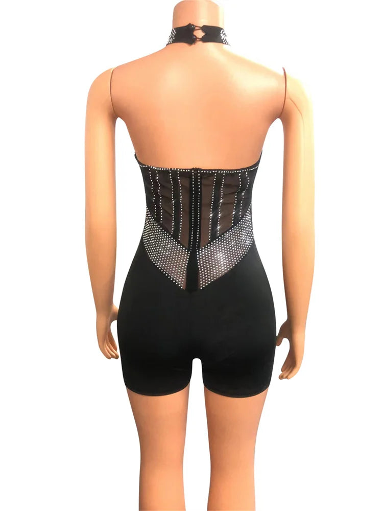Weird Puss Sequins Halter Women Bodysuit Sparkle Hollow Backless Sleeveless Patchwork Sexy Stage Performance Party Playsuits