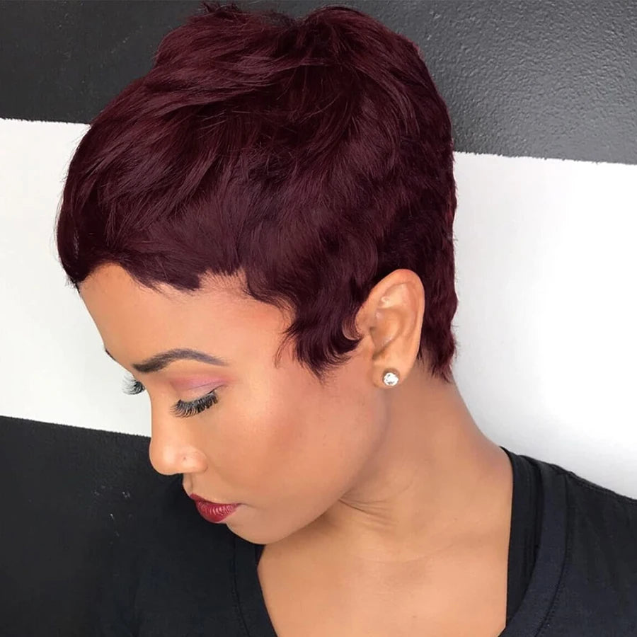 Human Hair Wigs 99J Pixie Cut Short Wig for Black Women 100% Human Hair Non Lace Full Machine Wig