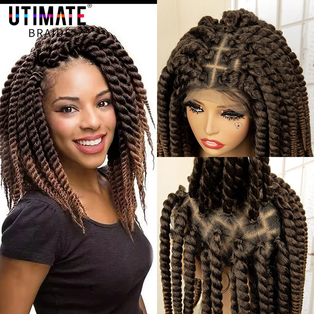 Synthetic Twisted Braided Wigs for Black Women Full Lace Synthetic Braided Wigs Brown Bob Wig Knotless 16 Inch
