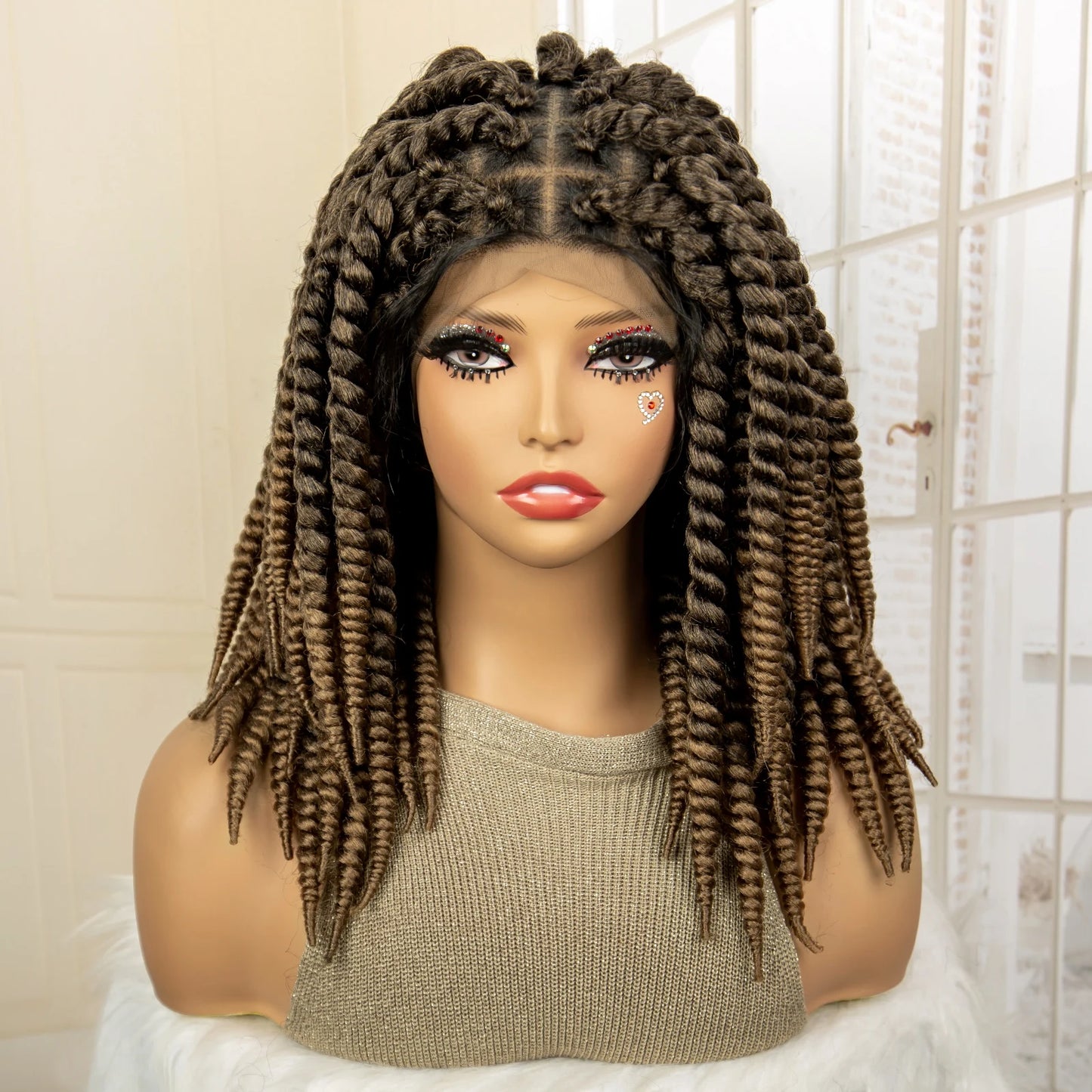 Synthetic Twisted Braided Wigs for Black Women Full Lace Synthetic Braided Wigs Brown Bob Wig Knotless 16 Inch