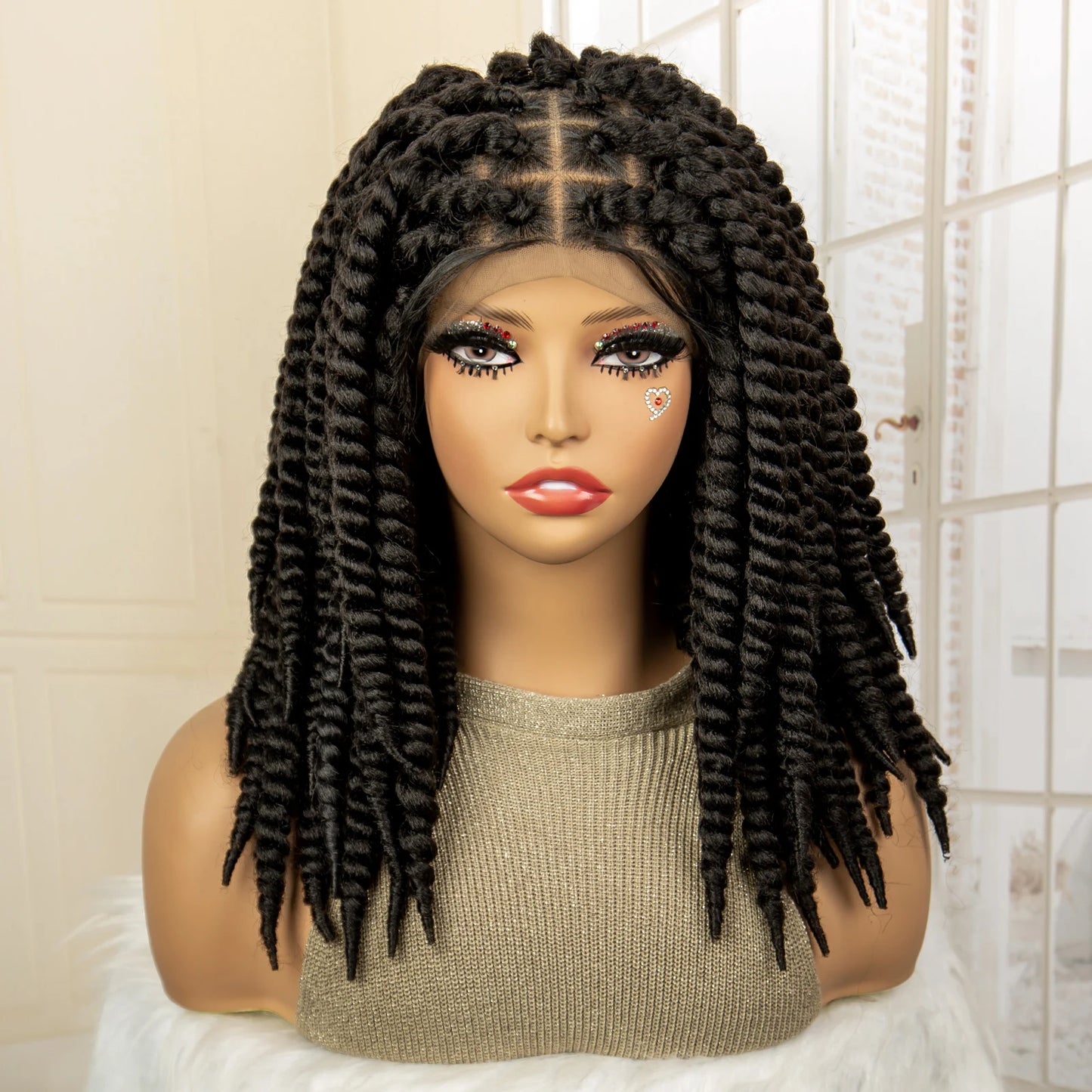 Synthetic Twisted Braided Wigs for Black Women Full Lace Synthetic Braided Wigs Brown Bob Wig Knotless 16 Inch