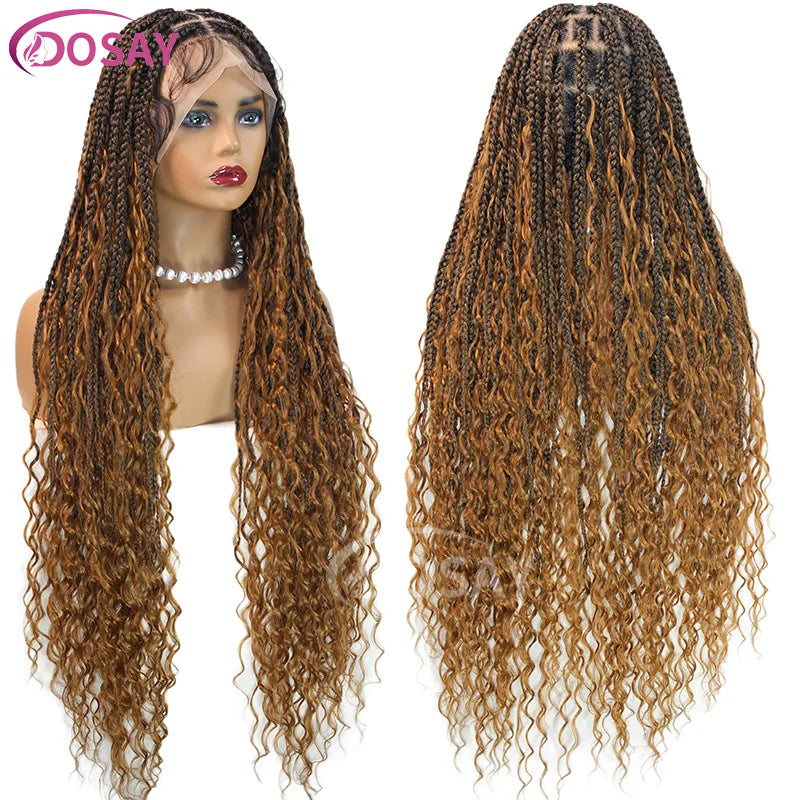 36" Full Lace Boho Braided Wigs Synthetic Knotless Box Braids Wig for Black Women Ombre Blonde Curly Hair Ends Goddess Braid Wig