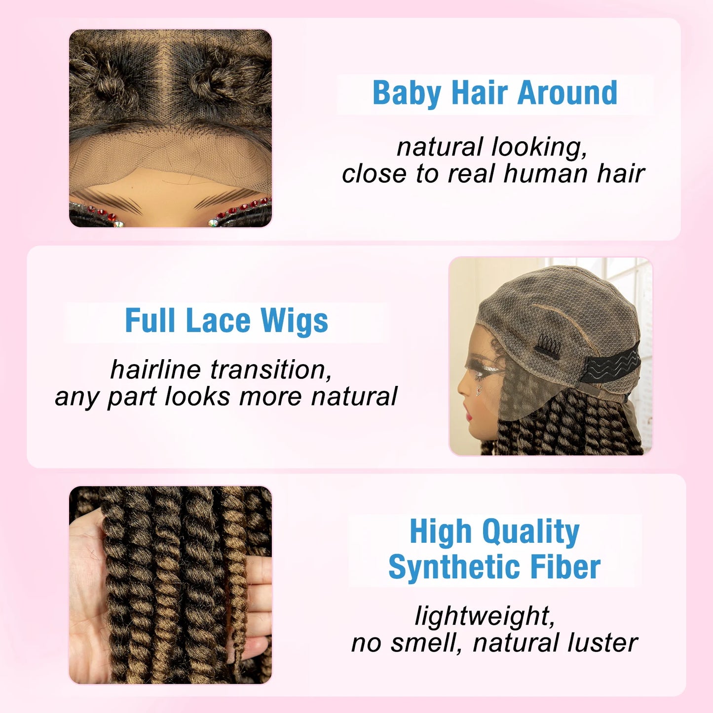 Synthetic Twisted Braided Wigs for Black Women Full Lace Synthetic Braided Wigs Brown Bob Wig Knotless 16 Inch