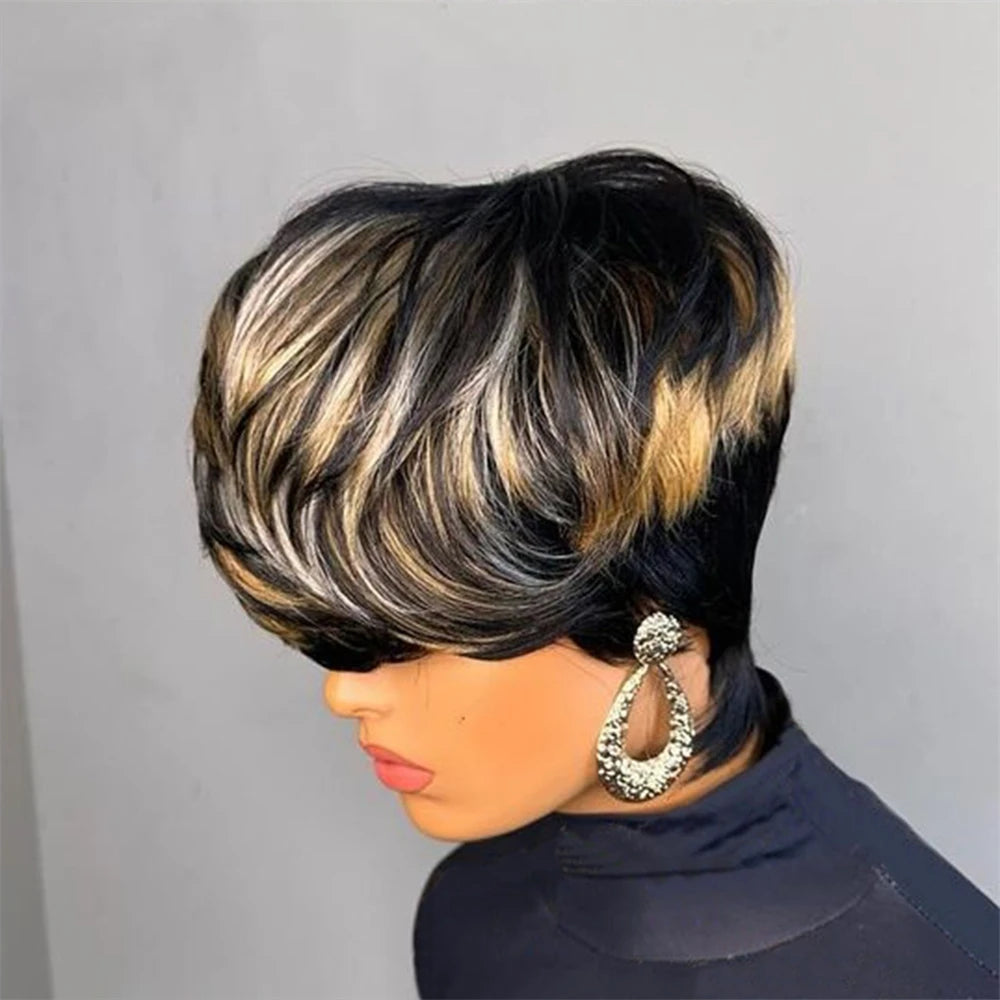 Pixie Cut Wig Human Hair Wigs for Black Women Full Machine Made Wigs Short Layered Haircut Wigs with Bangs Cheap Wigs For Women