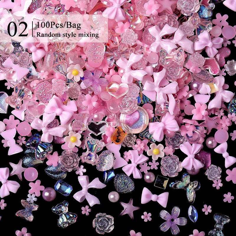 100/200pcs 3D Mixed Nail Decorations Kawaii Heart Flower Bear Pearl Design Rhinestone Nail Art Charms Jewelry Manicure Accessory