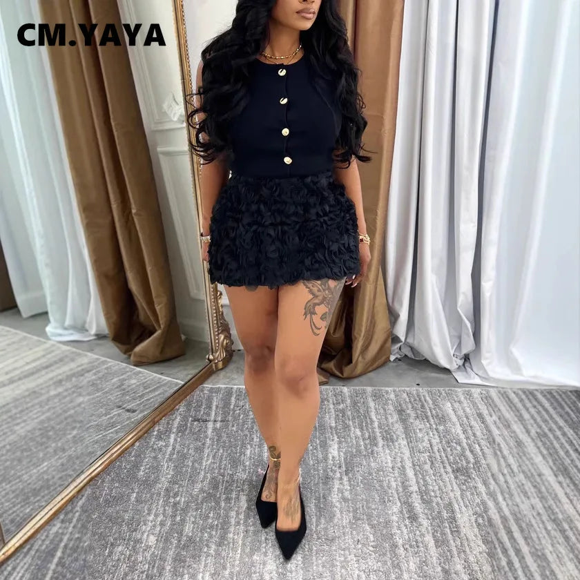 CM.YAYA Women Fashion Rose Floral Bodycon Midi A-line Mini Skirt 2025 Sexy Summer Party Clubwear Night Prom Birthday Skirts