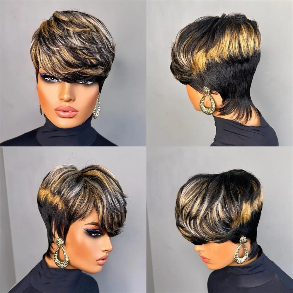 Pixie Cut Wig Human Hair Wigs for Black Women Full Machine Made Wigs Short Layered Haircut Wigs with Bangs Cheap Wigs For Women