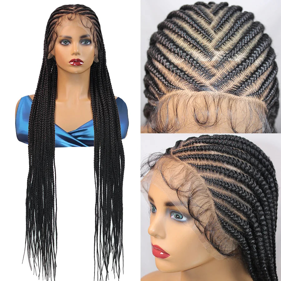 36Inch Knotless Box Braided Wigs Synthetic Full Lace Cornrows Braids Wig With Baby Hair Goddess Fulani Braiding Wigs Black Women