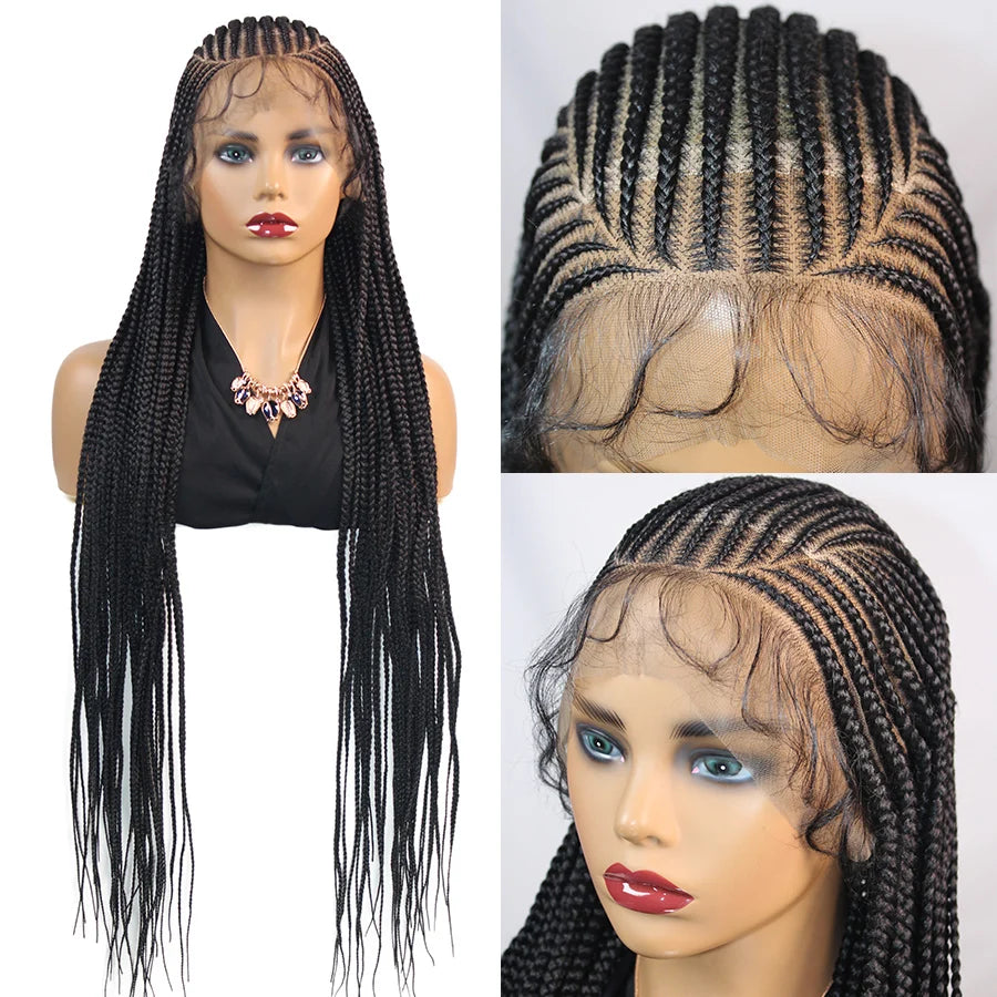 36Inch Knotless Box Braided Wigs Synthetic Full Lace Cornrows Braids Wig With Baby Hair Goddess Fulani Braiding Wigs Black Women