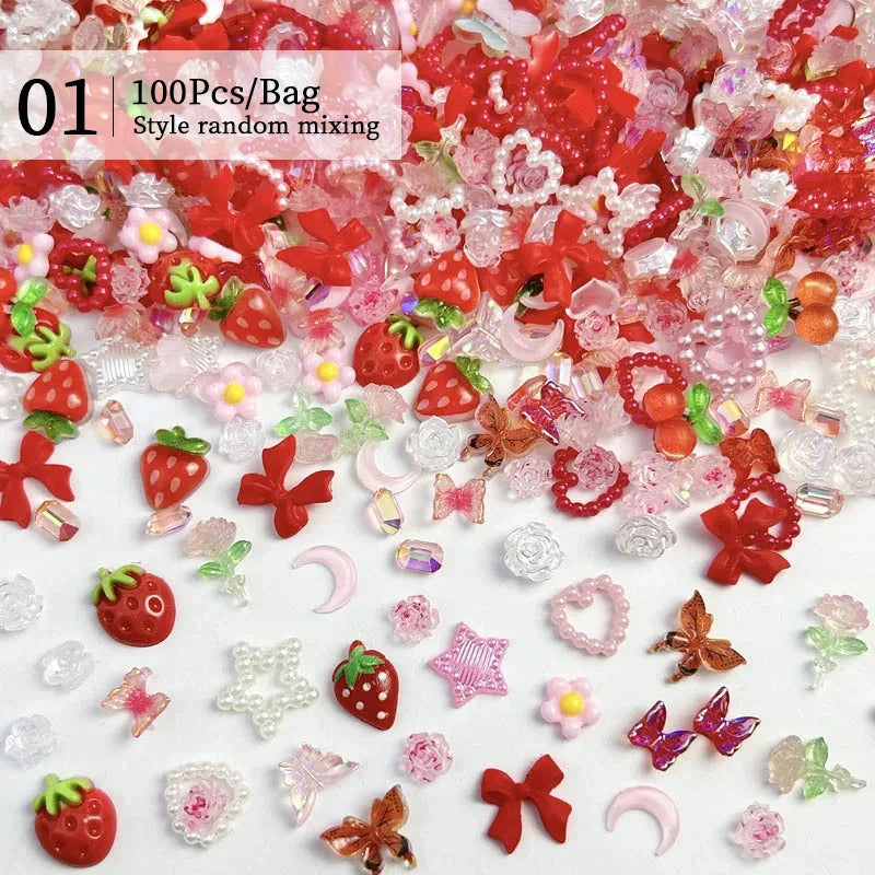 100/200pcs 3D Mixed Nail Decorations Kawaii Heart Flower Bear Pearl Design Rhinestone Nail Art Charms Jewelry Manicure Accessory