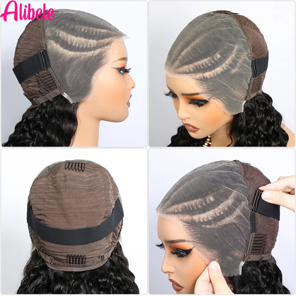 Alibele Pre-Braided Wig 13x6 Full Lace Frontal Human Hair Wigs Water Wave 13x6 200% Density Water Wave Wig Natural Black Color