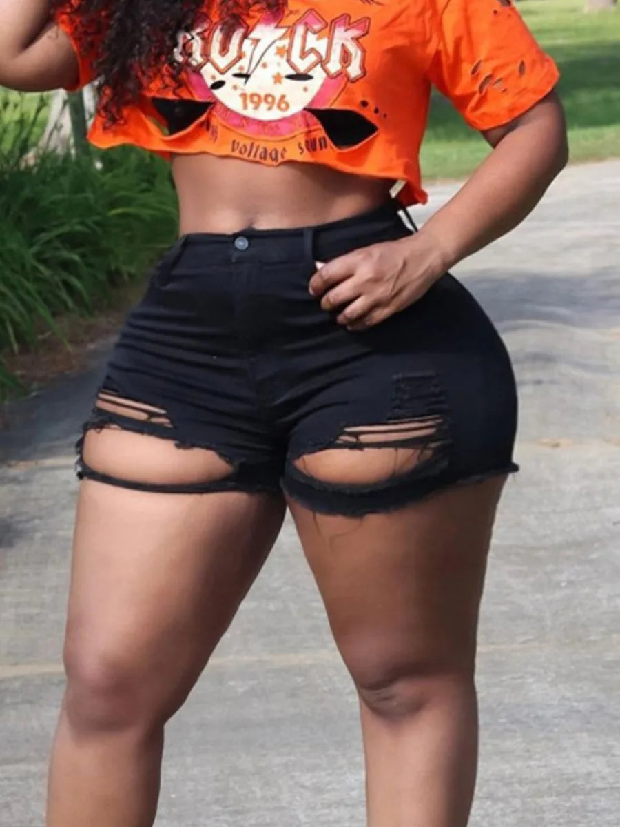 LW Plus Size Ripped High Stretchy Denim Shorts Summer Plus Size Pocket Tassel Hole Ripped jeans Short Female Femme Short Pants