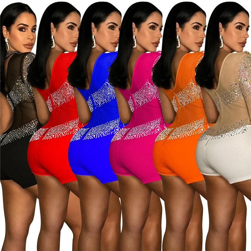 Sparkly Rhinestones Mesh Rompers Womens Jumpsuit Shorts Sexy Birthday Club Outfits One Sleeve Sheer Bodycon Playsuit Woman 2022