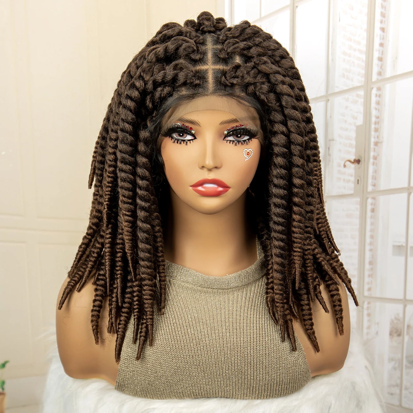 Synthetic Twisted Braided Wigs for Black Women Full Lace Synthetic Braided Wigs Brown Bob Wig Knotless 16 Inch
