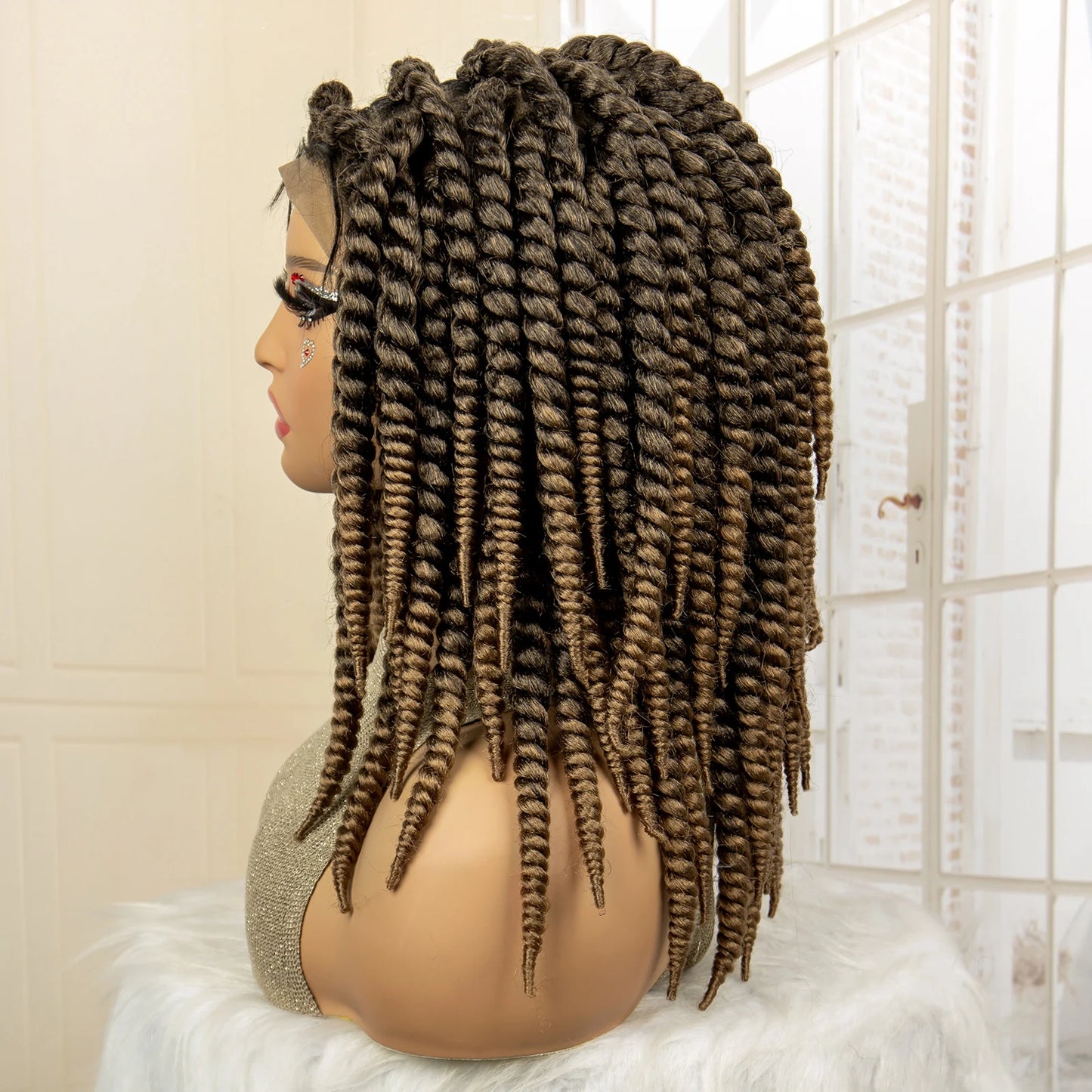 Synthetic Twisted Braided Wigs for Black Women Full Lace Synthetic Braided Wigs Brown Bob Wig Knotless 16 Inch
