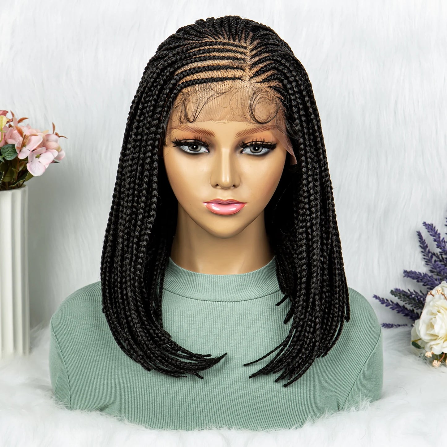 Short Box Braided Wig Synthetic Bob Wig Knotless Braiding Wig Lace Front 16 Inches Afro Braided Hair For Black Women
