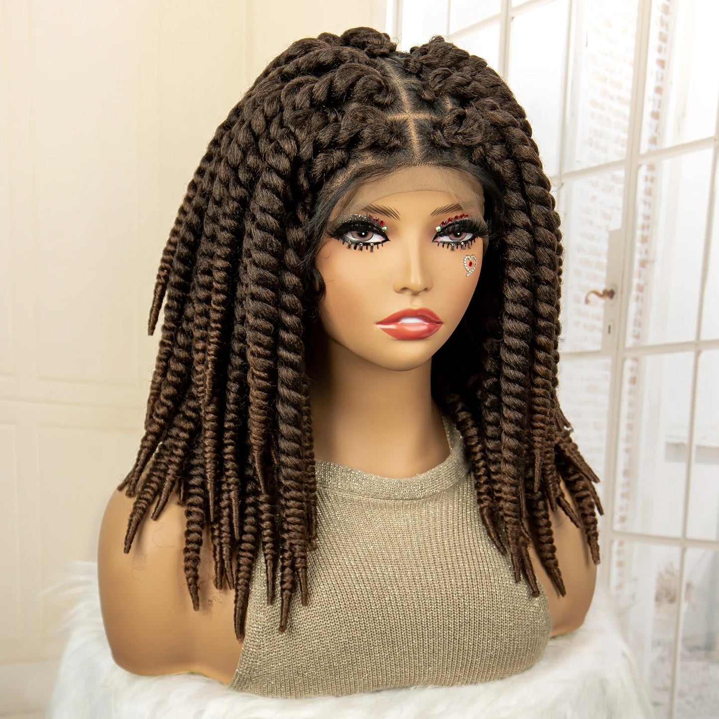 Synthetic Twisted Braided Wigs for Black Women Full Lace Synthetic Braided Wigs Brown Bob Wig Knotless 16 Inch