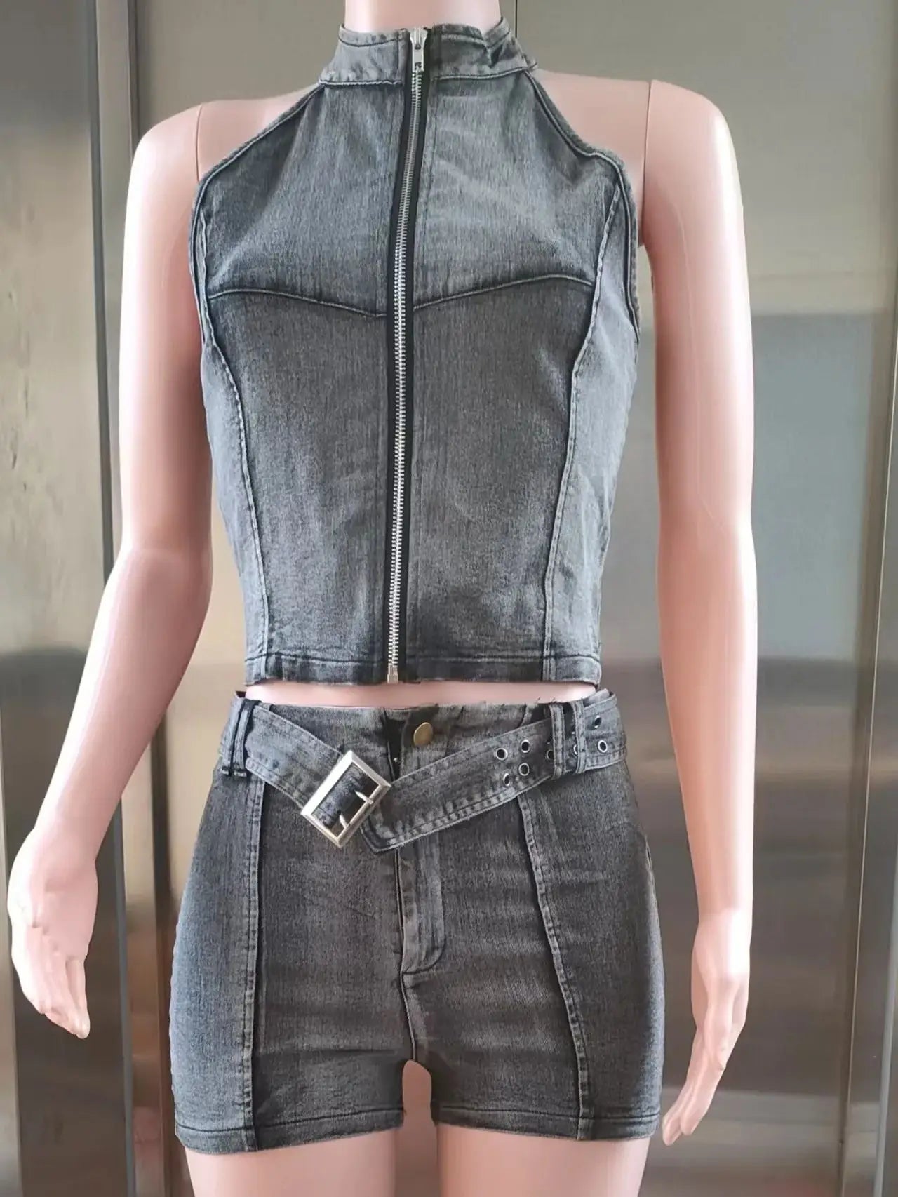 Weird Puss Distressed Style Denim 2 Piece Set Women Zipper Cardigan Sleeveless Crop Top+Skinny Shorts Hottie Street Hipster Suit
