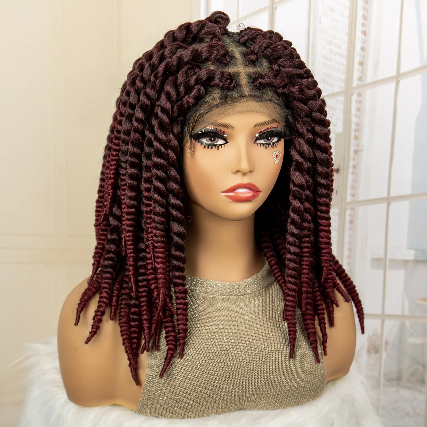 Synthetic Twisted Braided Wigs for Black Women Full Lace Synthetic Braided Wigs Brown Bob Wig Knotless 16 Inch