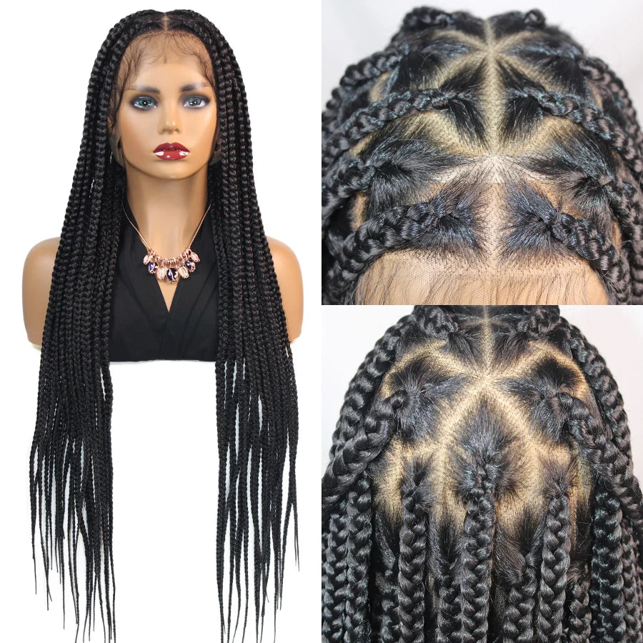 36Inch Knotless Box Braided Wigs Synthetic Full Lace Cornrows Braids Wig With Baby Hair Goddess Fulani Braiding Wigs Black Women