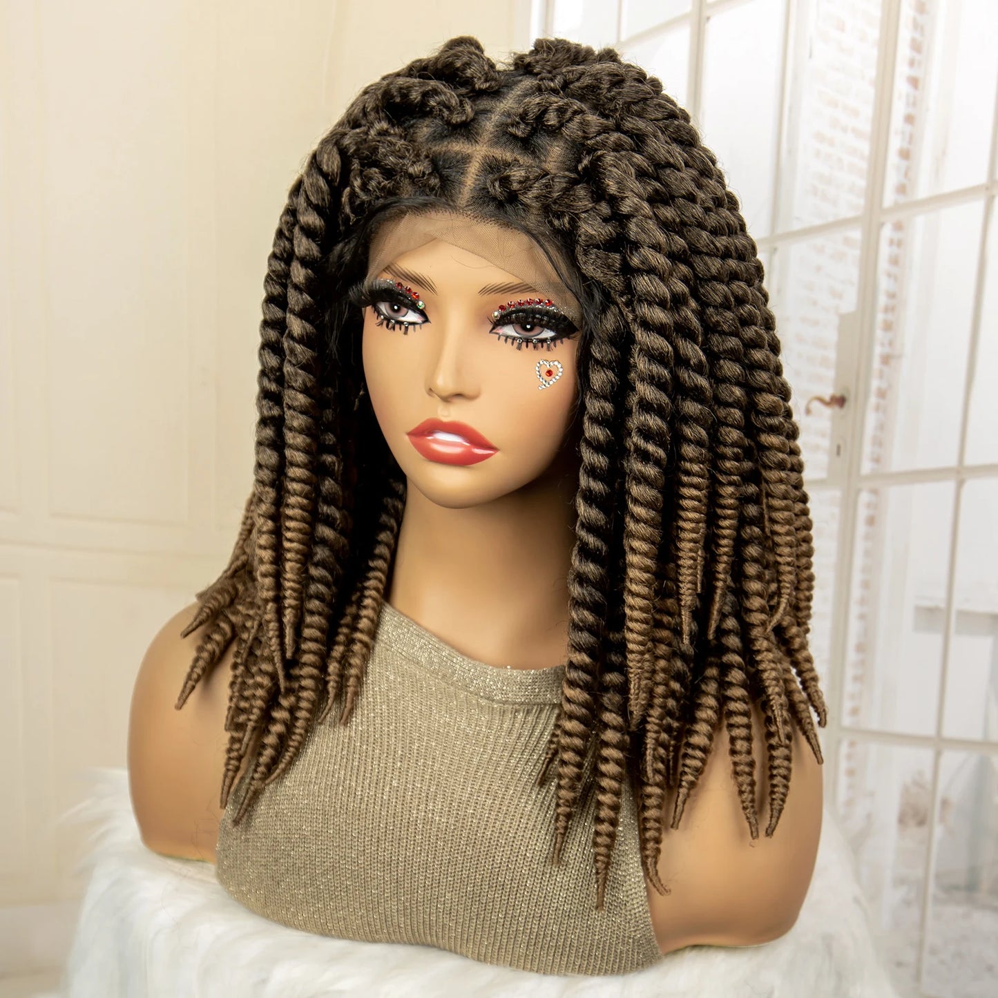 Synthetic Twisted Braided Wigs for Black Women Full Lace Synthetic Braided Wigs Brown Bob Wig Knotless 16 Inch