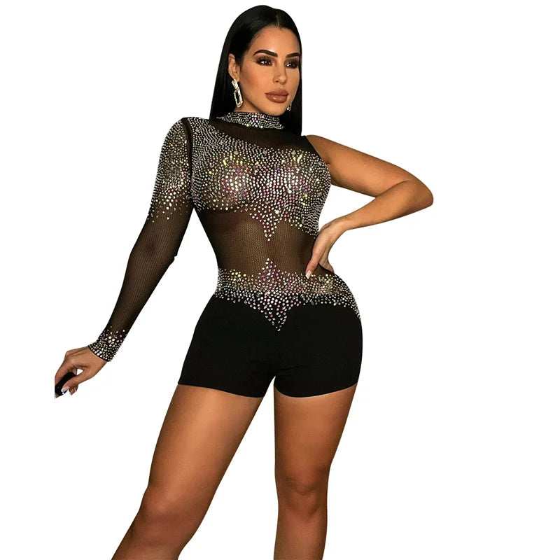 Sparkly Rhinestones Mesh Rompers Womens Jumpsuit Shorts Sexy Birthday Club Outfits One Sleeve Sheer Bodycon Playsuit Woman 2022