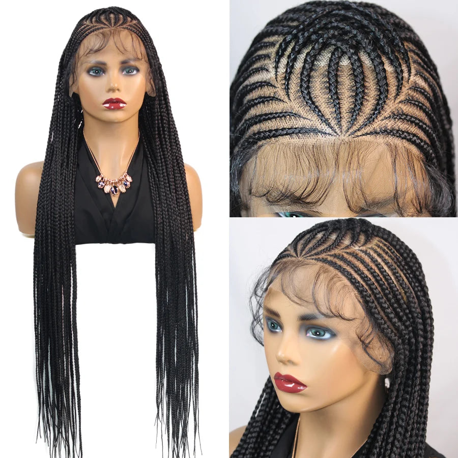 36Inch Knotless Box Braided Wigs Synthetic Full Lace Cornrows Braids Wig With Baby Hair Goddess Fulani Braiding Wigs Black Women