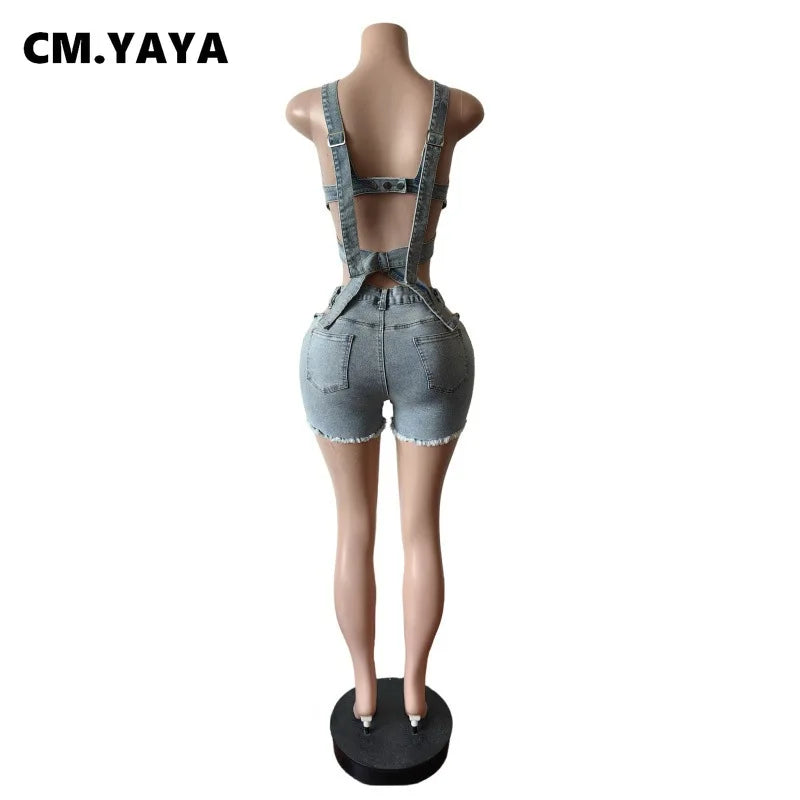 CM.YAYA Fashion Denim Cutout Women's Set Wrap Strap Crop Top and Shorts Jeans 2025 Summer Two 2 Piece Sets Outfits Tracksuit