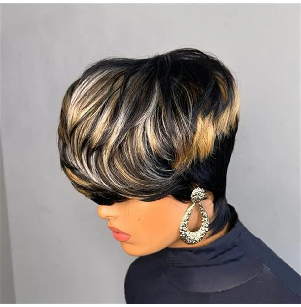 Pixie Cut Wig Human Hair Wigs for Black Women Full Machine Made Wigs Short Layered Haircut Wigs with Bangs Cheap Wigs For Women