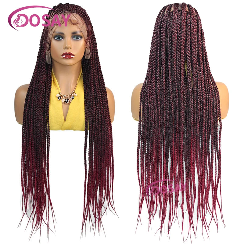 Burgundy Heart Synthetic Full Lace Braided Wigs Knotless Cornrow Braid Lace Wig For Women Box Braids Wig With Baby Hair 36Inch