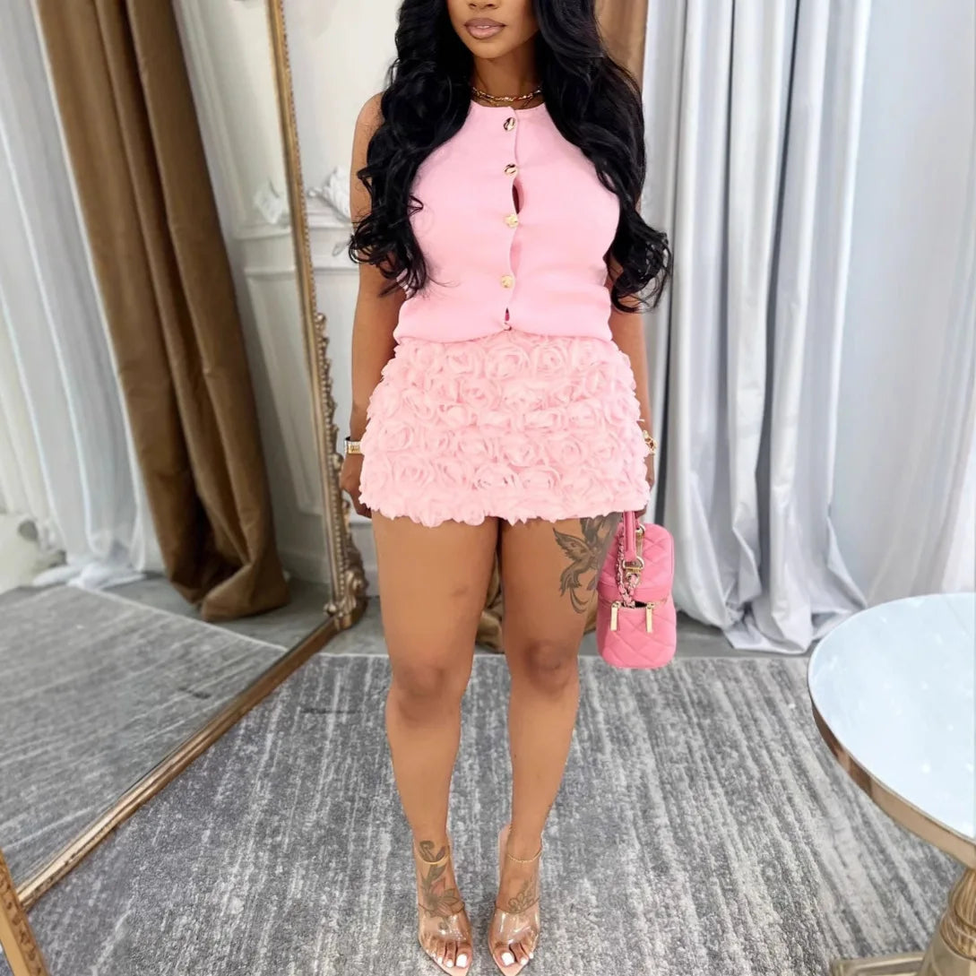 CM.YAYA Women Fashion Rose Floral Bodycon Midi A-line Mini Skirt 2025 Sexy Summer Party Clubwear Night Prom Birthday Skirts