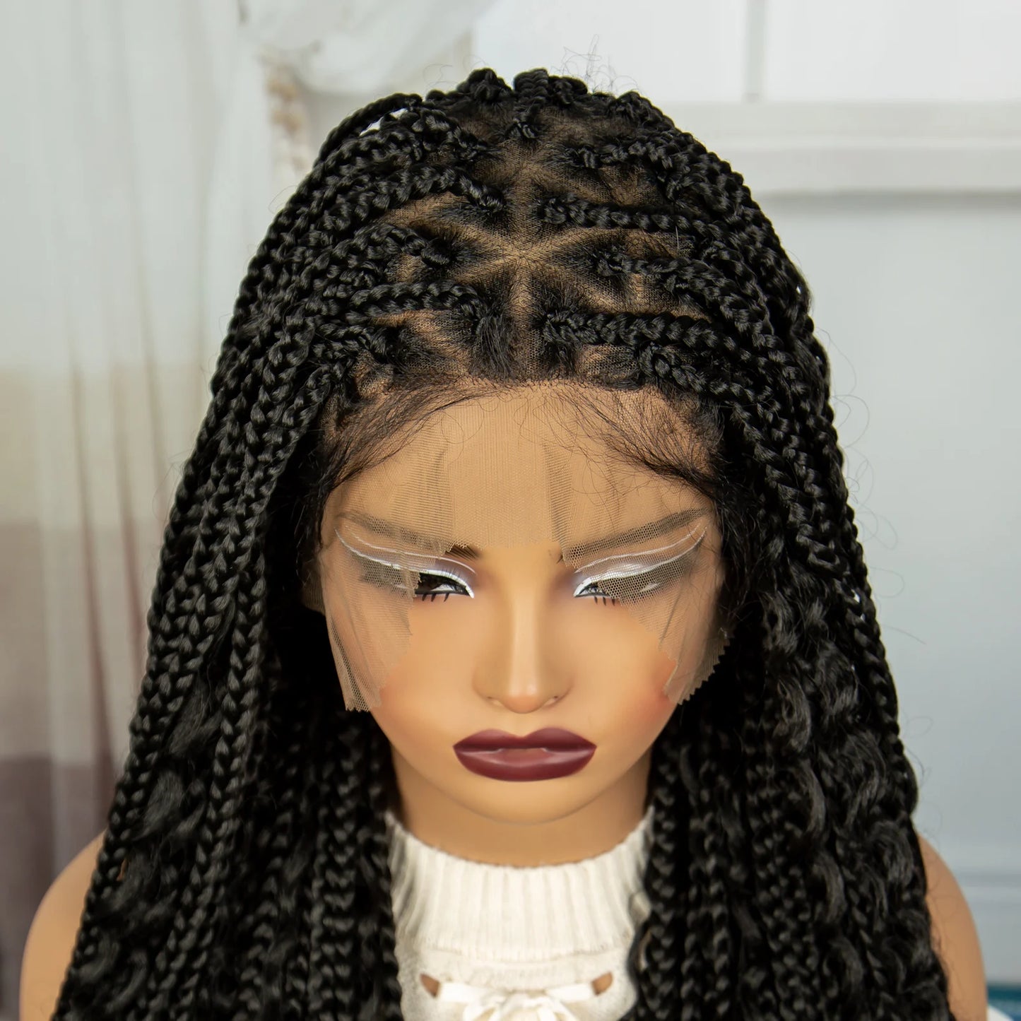 32 inch Synthetic Braided Wigs Natural Curly Boho Braideds Wigs Full Lace Knotless Box Braids Wig with Baby Hair for Black Women